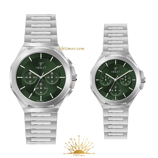 ست ساعت مچی زنانه و مردانه ویولت مدل 0643، سیلور صفحه سبز