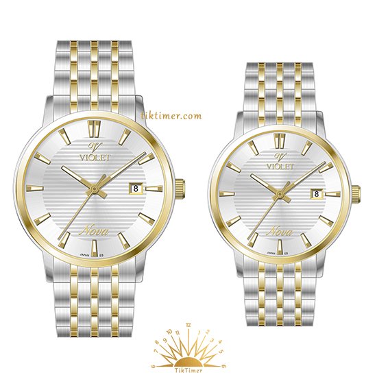 ست ساعت مچی زنانه و مردانه ویولت مدل 32762/2، دورنگ طلایی صفحه سفید
