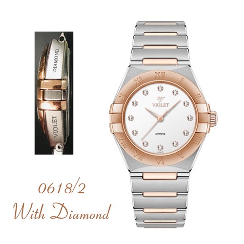 ساعت مچی زنانه ویولت مدل 0618/2، دو رنگ رزگلد صفحه صدفی، دارای نگین برلیان اصل