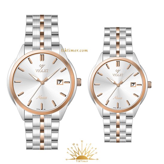 ست ساعت مچی زنانه و مردانه ویولت مدل 32766/2، دورنگ رزگلد صفحه سفید