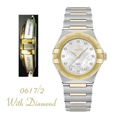 ساعت مچی زنانه ویولت مدل 0617/2، دو رنگ طلایی صفحه صدفی، دارای نگین برلیان اصل