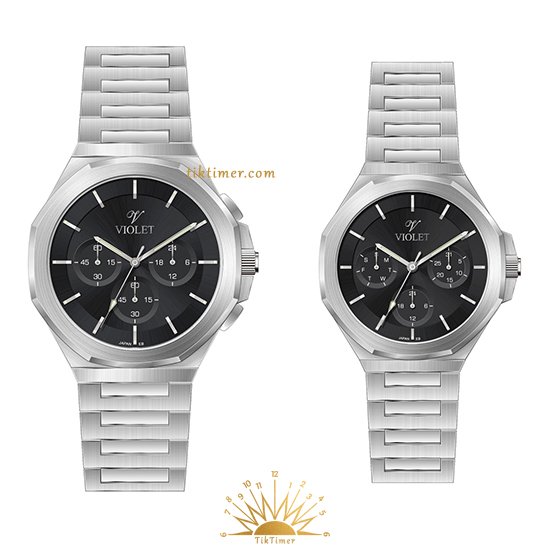 ست ساعت مچی زنانه و مردانه ویولت مدل 0643، سیلور صفحه مشکی